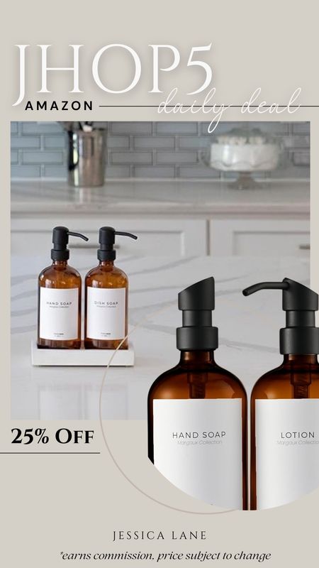 Amazon daily deal, save 25% on this gorgeous set of two glass soap and lotion dispensers with tray. I have these in multiple bathrooms and our kitchen and love them. Labels included. Soap dispenser, lotion dispenser, soap dispenser set, kitchen accessories, bathroom accessories, Amazon deal, Amazon home

#LTKsalealert #LTKstyletip #LTKhome