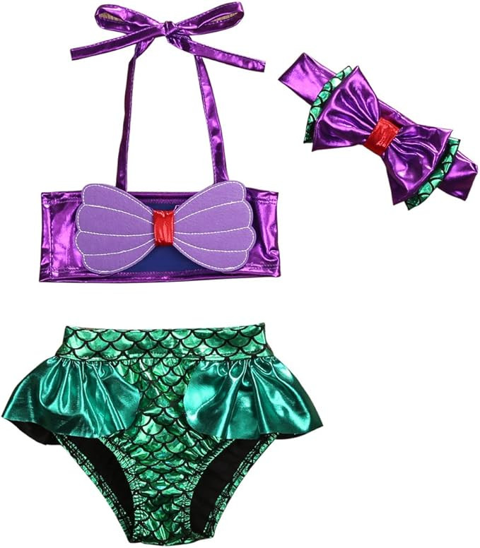 3Pcs/Set Kids Toddler Baby Girl Mermaid Swimsuits Halter Swimwear Bikini Set with Headband … | Amazon (US)