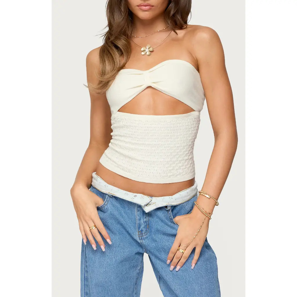 EDIKTED Cutout Strapless Knit Top in Cream at Nordstrom, Size X-Small | Nordstrom