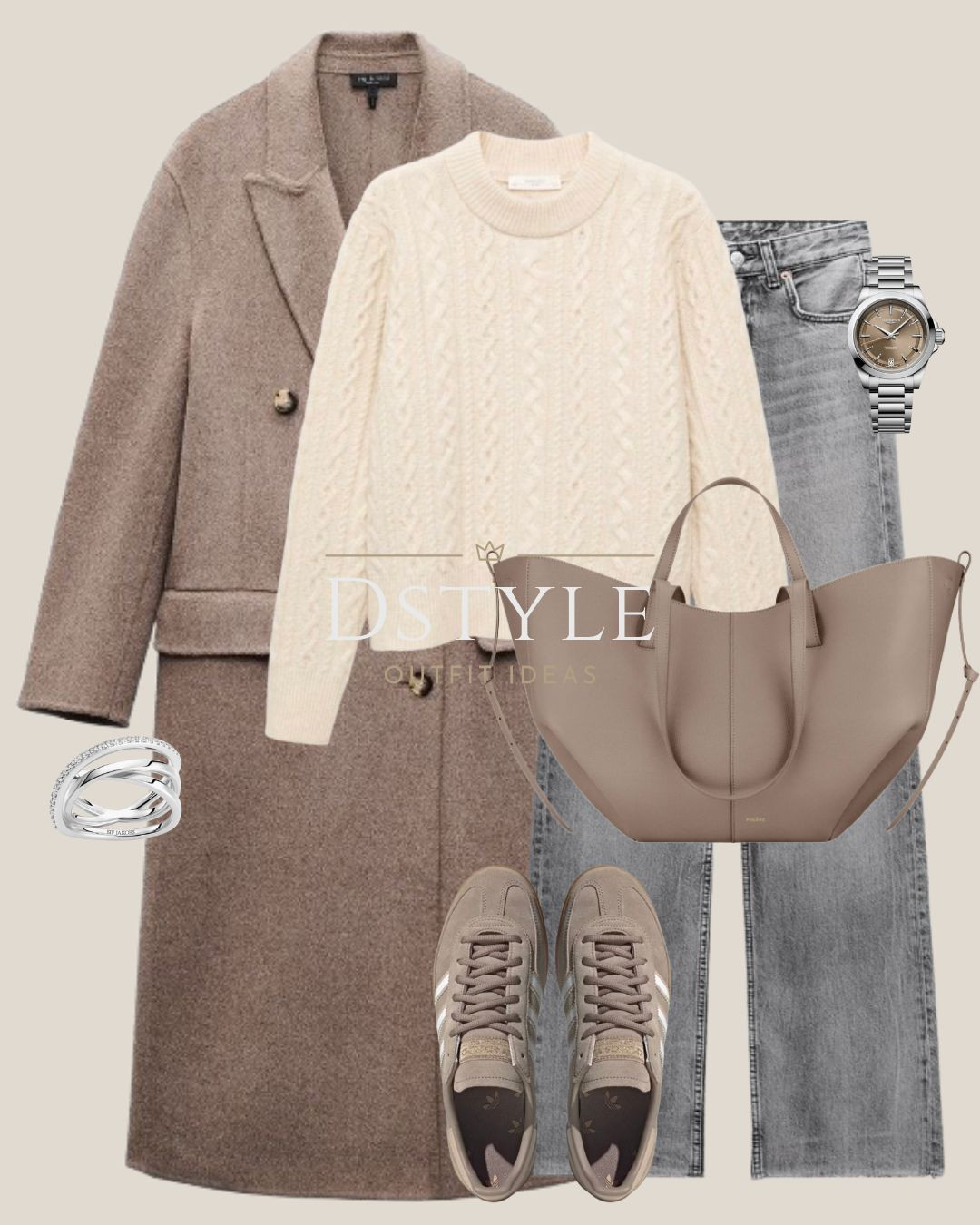 Obsessed with the way these soft taupe and cream tones come together for the ultimate polished, yet comfortable, winter look. This outfit is all about blending textures: a cozy cable knit sweater with a luxurious wool blend coat and modern grey denim. The perfect designer tote bag and matching suede sneakers keep the look effortlessly chic.

Tap below to shop this easy monochromatic formula! 

 #neutraloutfit #monochrome #winterlayers #cableknit #woolcoat #adidasspezial #ltkfashion #everydaystyle #capsulewardrobe #LTKootd #LTKFindsUnder100 #LTKWorkwear