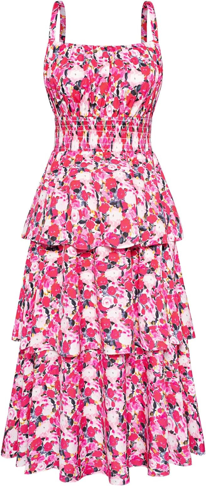 GRACE KARIN Women Summer Maxi Dress Floral Sleeveless Smocked Tiered Ruffle Spaghetti Strap Boho ... | Amazon (US)