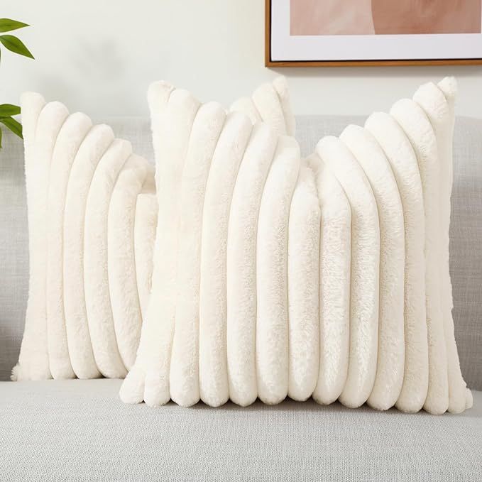 decorUhome Faux Fur Throw Pillow Covers 18x18 Set of 2, Decorative Soft Plush Striped Couch Pillo... | Amazon (US)