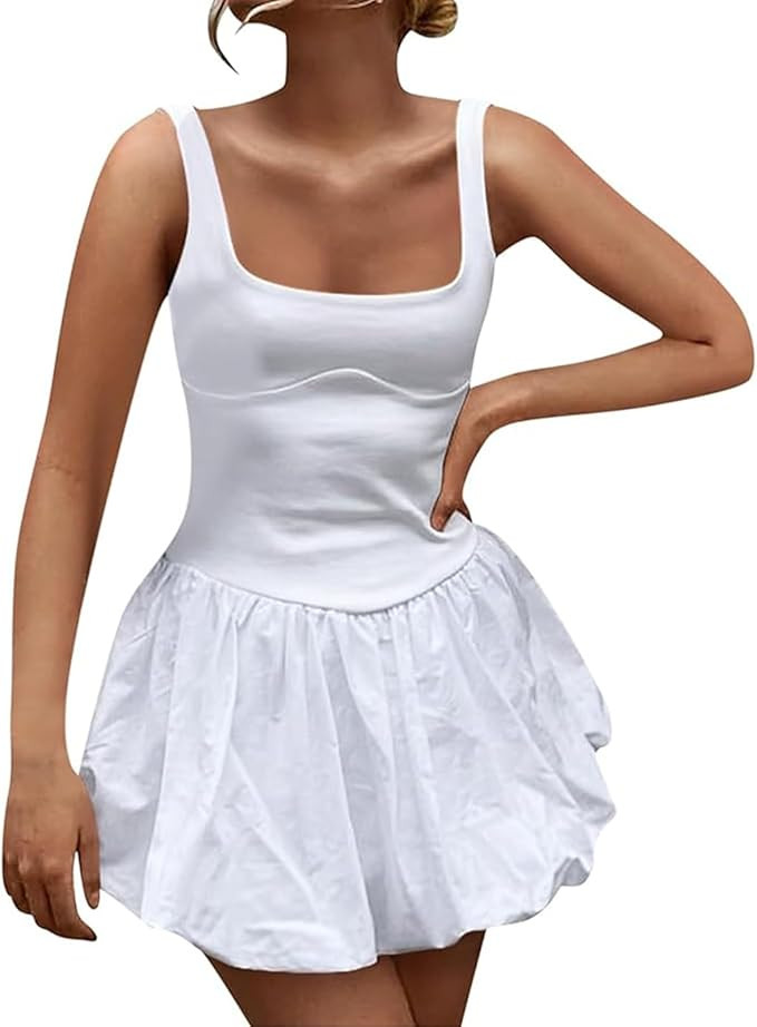 Women Summer Mini Dress Sleeveless Bubble Hem Tank Dress Balletcore Puffy Short Dresses Party Clu... | Amazon (US)