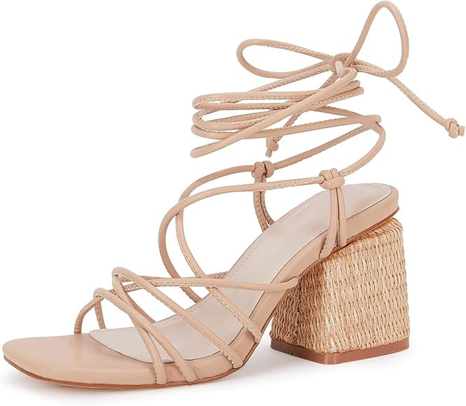 PiePieBuy Women's Lace Up Chunky Braided Heel Sandals Square Toe Strappy Ankle Strap Heels | Amazon (US)