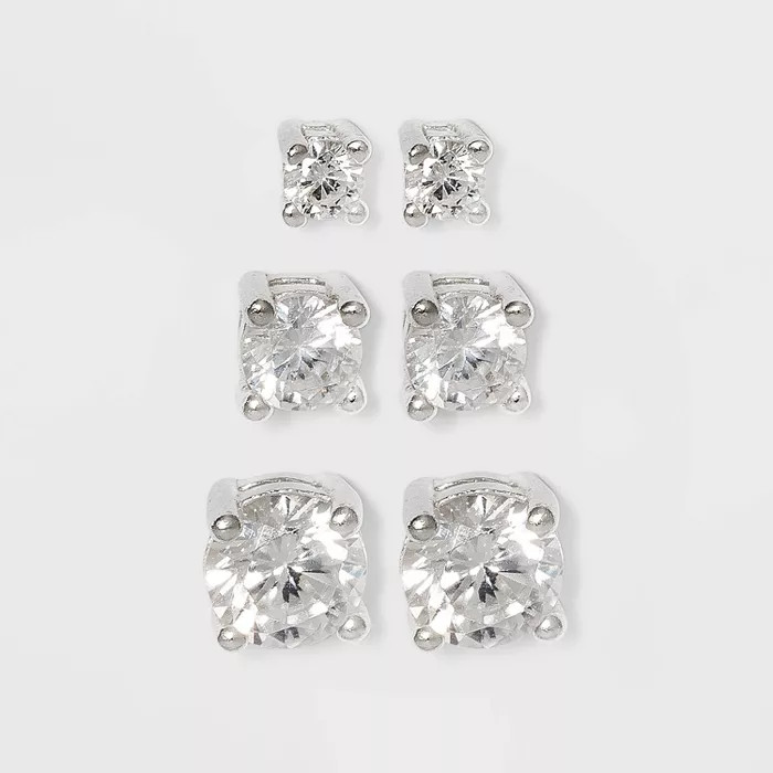 Women's Sterling Silver Stud Earrings Set with Round Cubic Zirconia 3pc - A New Day™ Si... | Target