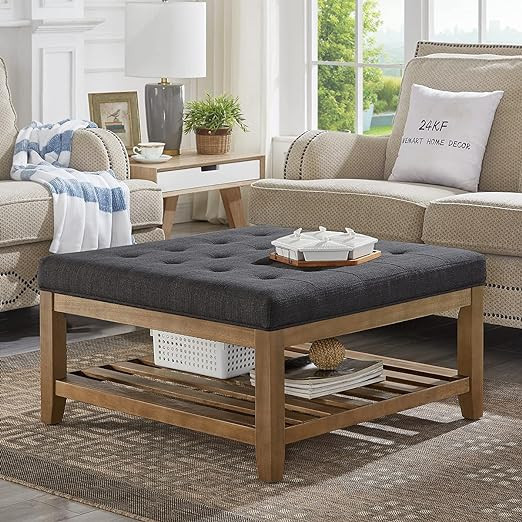 24KF Large Square Upholstered Tufted Linen Ottoman Coffee Table, Large Footrest Ottoman with Soli... | Amazon (US)