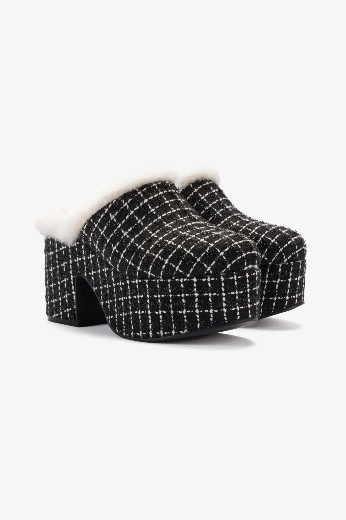 Miso Platform Clog In Black Tweed and Natural Shearling | Larroude