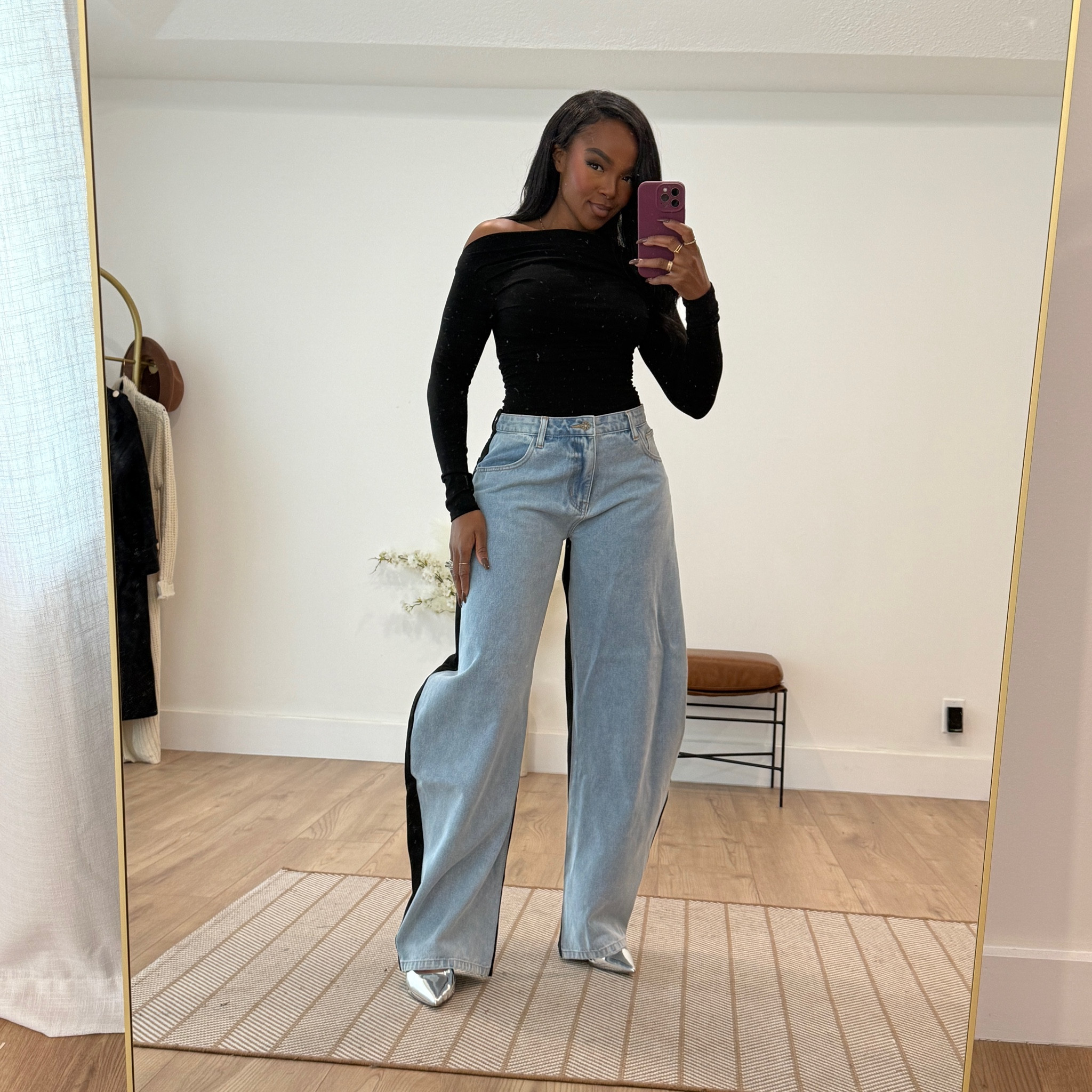 Chic meets comfort: Pairing a sleek off-the-shoulder black top with trendy wide-leg jeans for the perfect casual statement. Silver heels add a touch of glam!

|•Size small I’m 5’4 | 140lbs | 36D -27 -40  IG & YT: kirasfashionfinds TT: kiraabboud•|

#LTKStyleTip #LTKShoeCrush