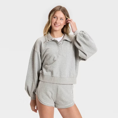 Women's Henley French Terry Sweatshirt - JoyLab™ Heathered Gray XS | Target