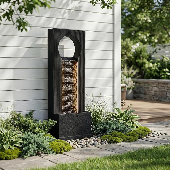 40-Inch Outdoor Water Fountain, Modern Indoor & Outdoor Freestanding Resin Waterfall Fountain wit... | Amazon (US)