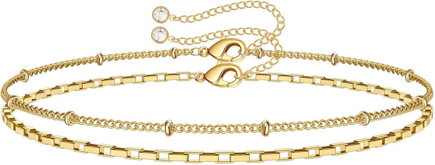 Dainty Gold Bracelets for Women, 14K Gold Filled Adjustable Layered Bracelet Cute Evil Eye Oval C... | Amazon (US)