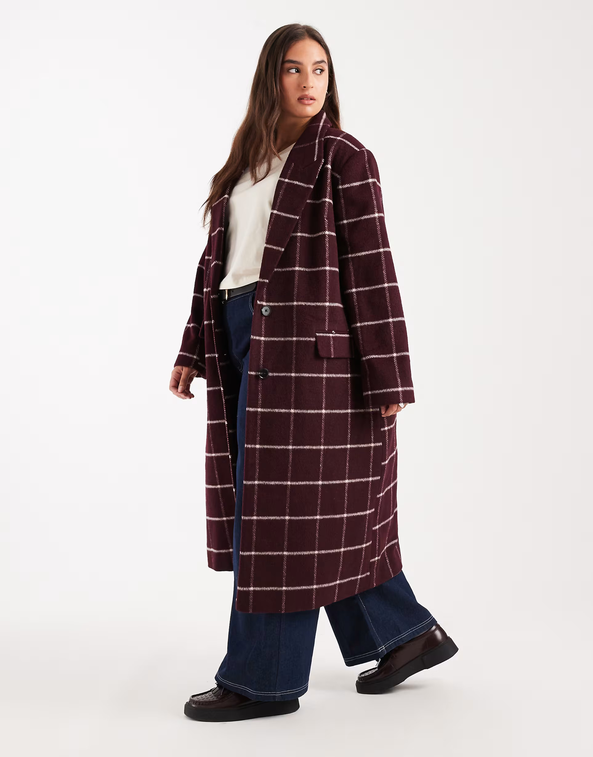 ASOS DESIGN Curve longline formal coat in burgundy plaid | ASOS (Global)