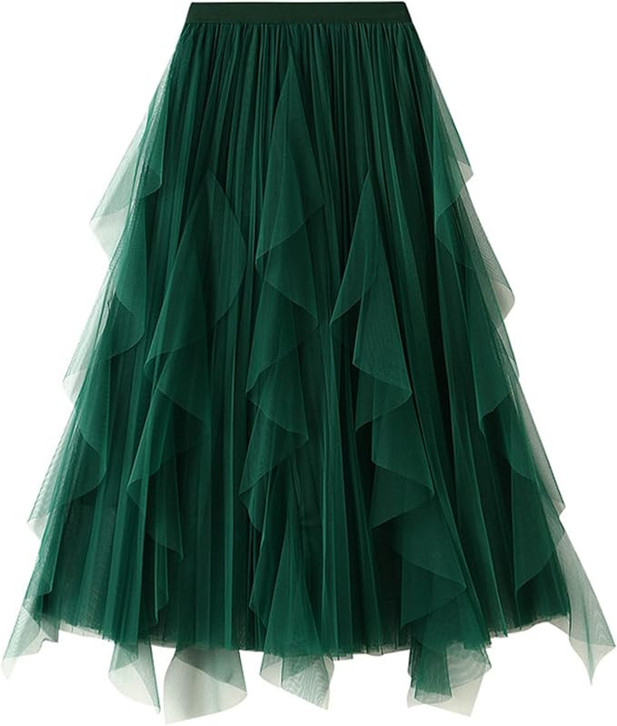 Dirholl Women's A-Line Fairy Patterned Elastic Waist Ruffle Tulle Layered Midi Skirt | Amazon (US)