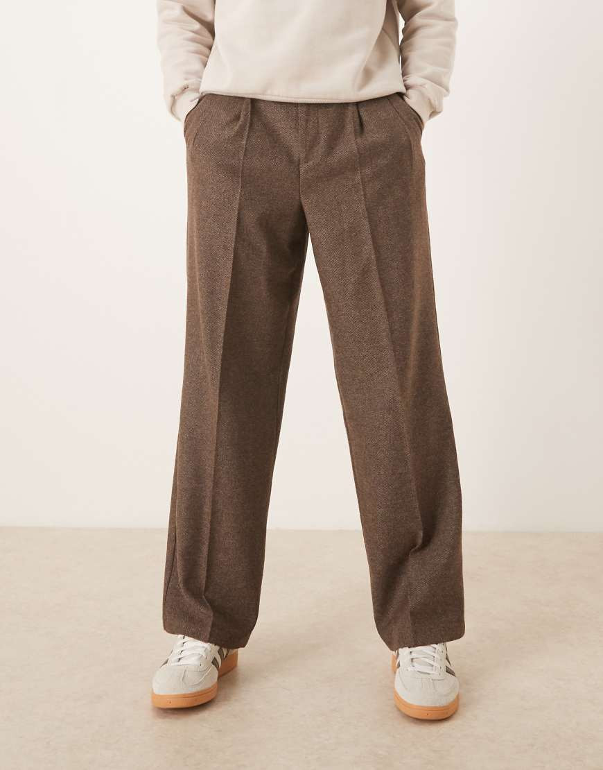 ASOS DESIGN smart wide leg double pleated trousers with wool blend in brown - BROWN | ASOS (Global)