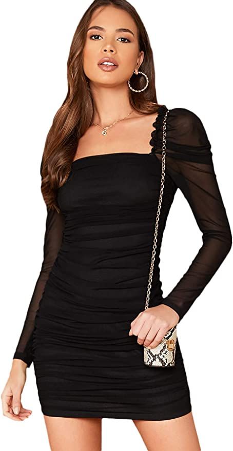 Amazon.com: WDIRARA Women's Square Neck Mesh Puff Long Sleeve Bodycon Mini Dress Pure Black M : C... | Amazon (US)