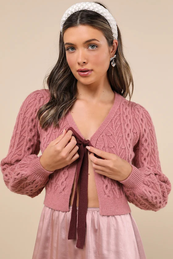 Expert Cutie Dusty Rose Cable Knit Tie-Front Cardigan Sweater | Lulus