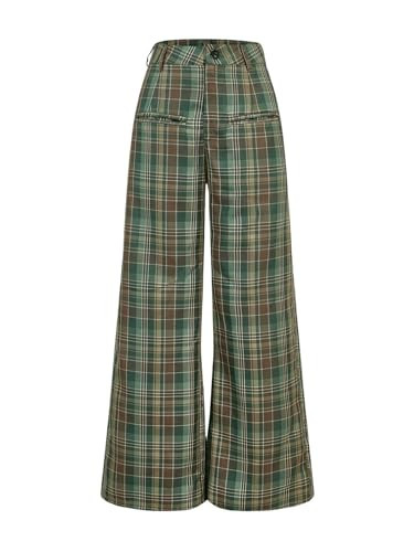 OYOANGLE Women's Plaid Print Wide Leg Long High Waisted Pants Y2K Casual Street Trousers with Pockets Green Small | Amazon (US)