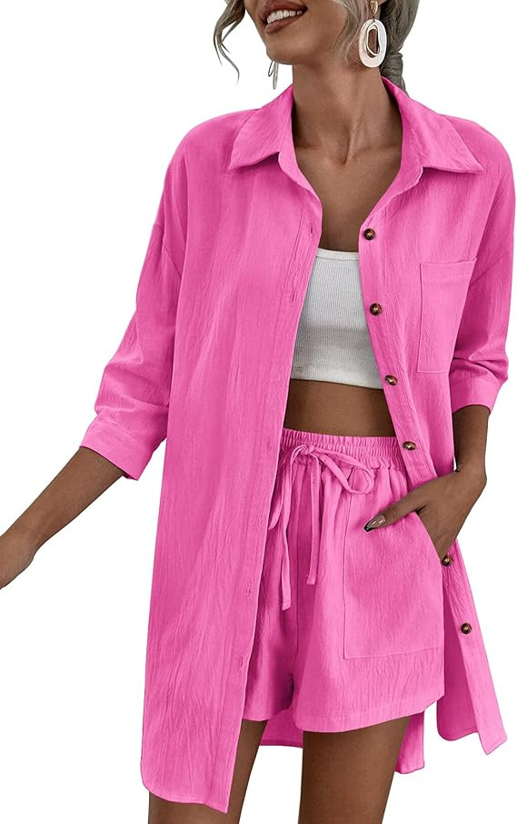 Zeagoo Women’s 2 Piece Lounge Tracksuit Outfit Sets Cotton Linen High Low Shirt and Drawstring ... | Amazon (US)