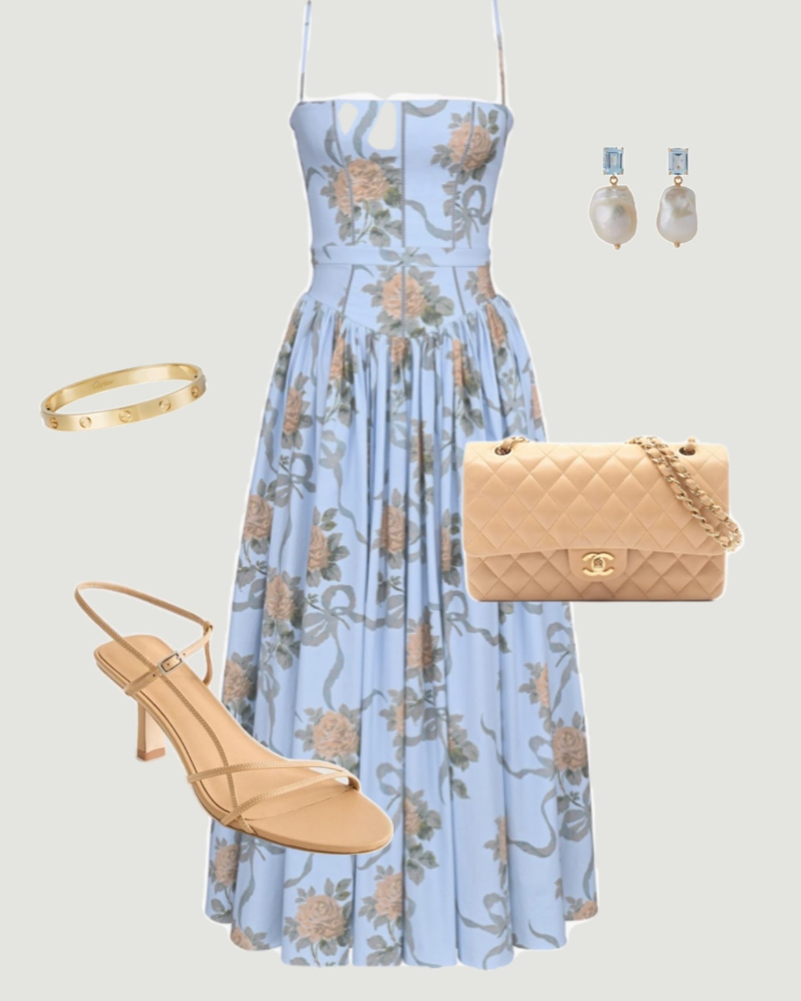 blue floral dress, spring wedding guest outfit, garden party dress, brunch outfit ideas, Easter dress outfit, feminine midi dress, nude strappy heels, beige quilted bag, pearl earrings, classic chic style, southern style outfit, romantic spring look, baby blue dress outfit
