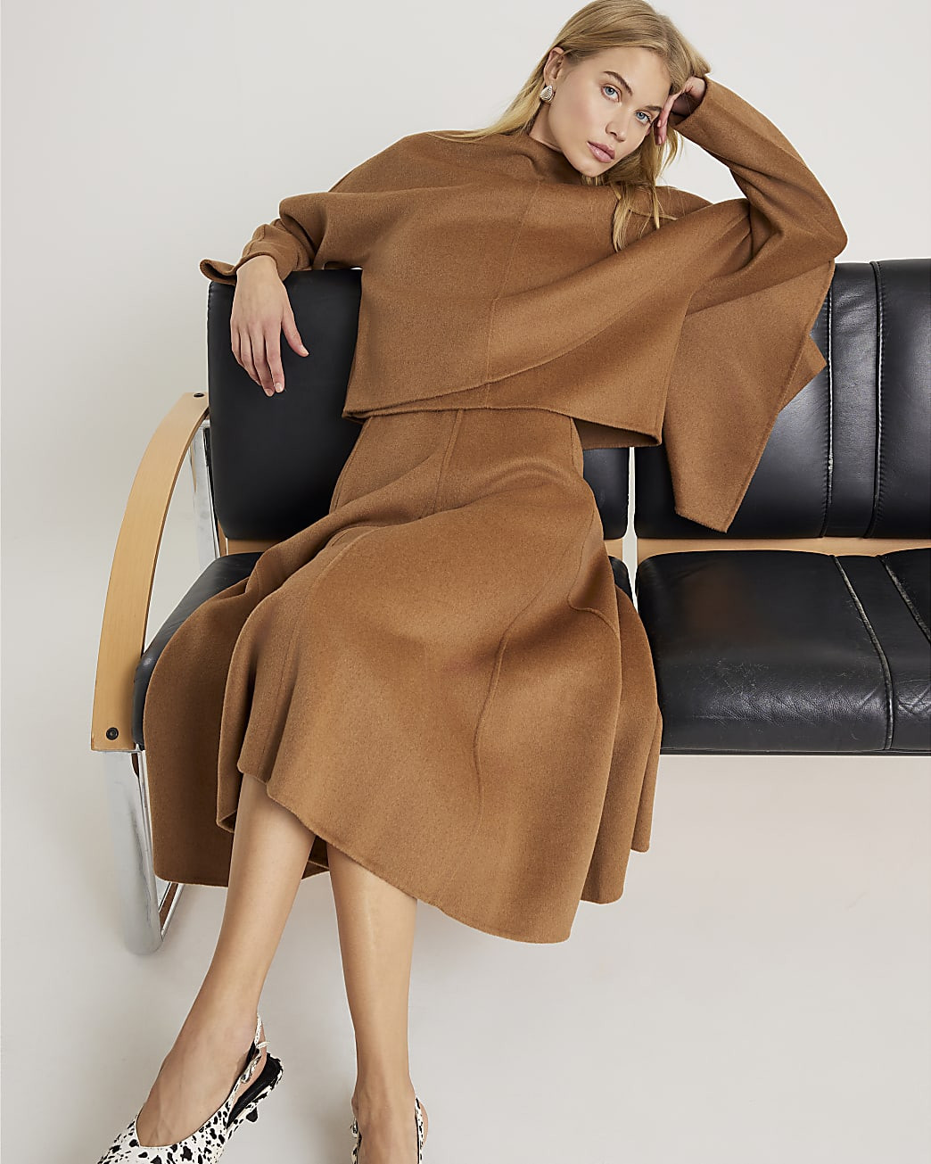 Brown Premium Godet Wool Blend Midi Skirt | River Island UK & IE