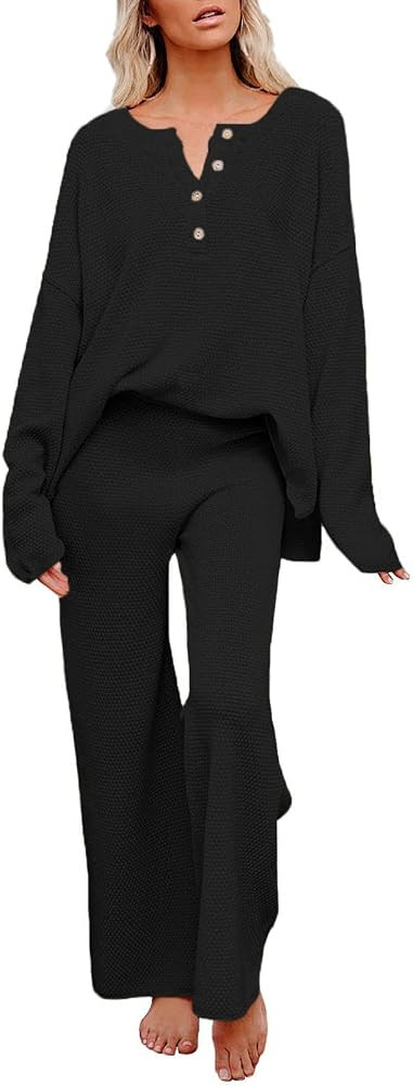 Uusollecy Women 2 Piece Sweater Outfit Set Long Sleeve Pullover Knit Lounge Set Knit Wide Leg Pan... | Amazon (US)