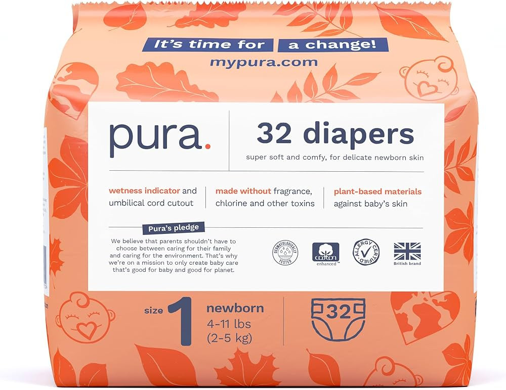 Pura Size 1 Eco-Friendly Diapers (4-11lbs) Hypoallergenic, Soft Organic Cotton Comfort, Sustainab... | Amazon (US)