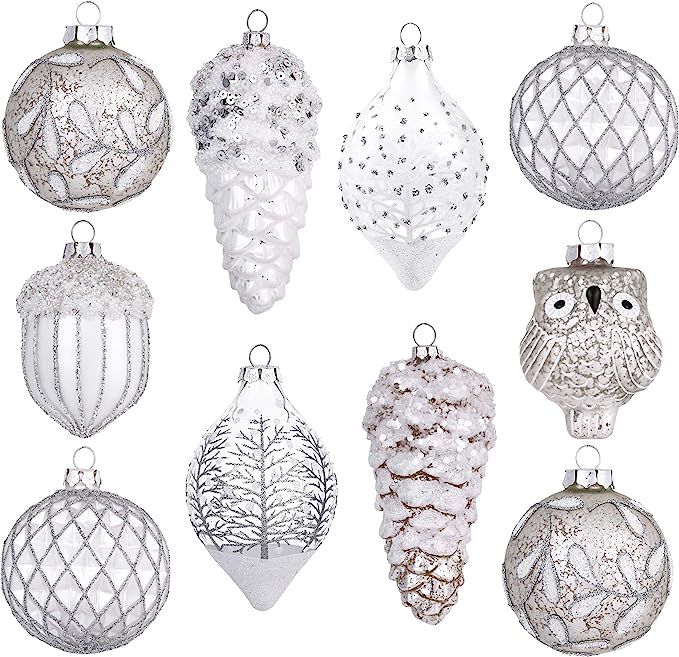 Valery Madelyn 10ct Frozen Winter Glass Christmas Ball Ornaments Silver and White,Themed with Tre... | Amazon (US)