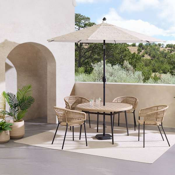 Paloma Patio Dining Table, Wicker Patio Dining Chairs & Patio Umbrella 7-Piece Set | At Home