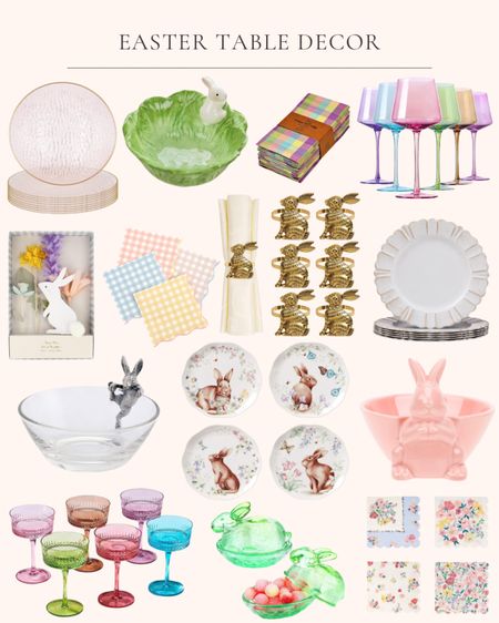 Easter table decor ideas. Spring table decor. Pink chargers. Rustic white chargers. Pastel Buffalo check napkins. Rabbit bowls. Pastel wine glasses. Pastel coupe glasses. Green rabbit candy dish. Floral napkins. Pastel gingham napkins. Rabbit plates. Gold rabbit napkin rings. Rabbit and flowers cake decorating kit  

#LTKhome #LTKSeasonal #LTKfindsunder50