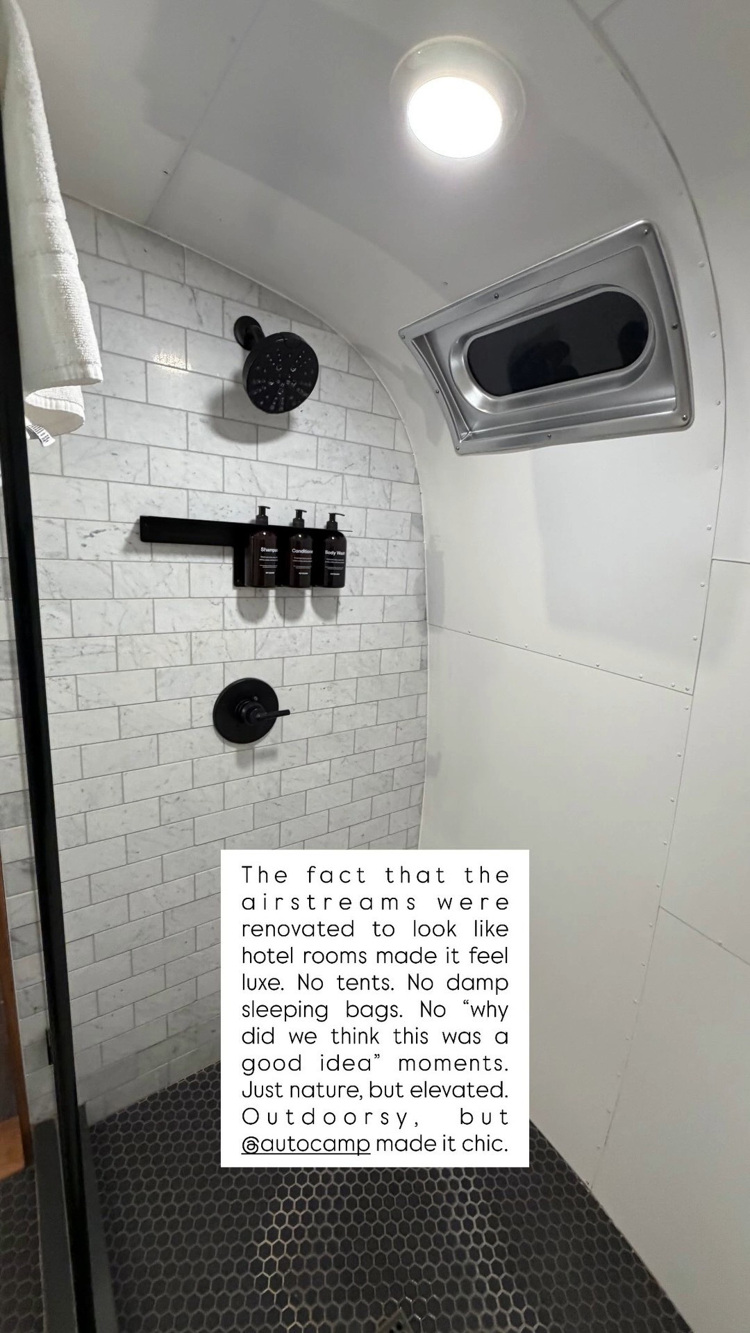 The fact that the airstreams were renovated to look like hotel rooms made it feel luxe. No tents. No damp sleeping bags. No “why did we think this was a good idea” moments.  Just nature, but elevated. Outdoorsy, but @autocamp made it chic.