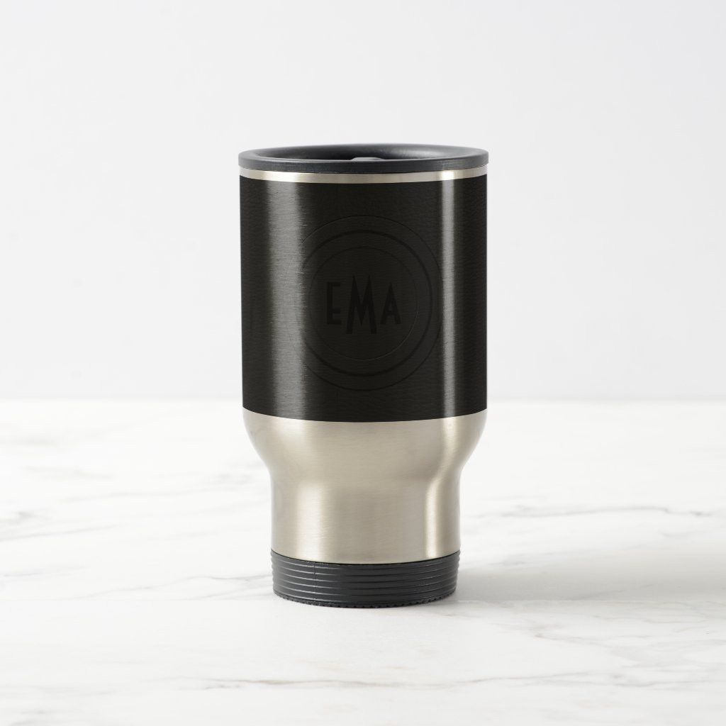 Monogram Black Leather Look Travel Mug | Zazzle
