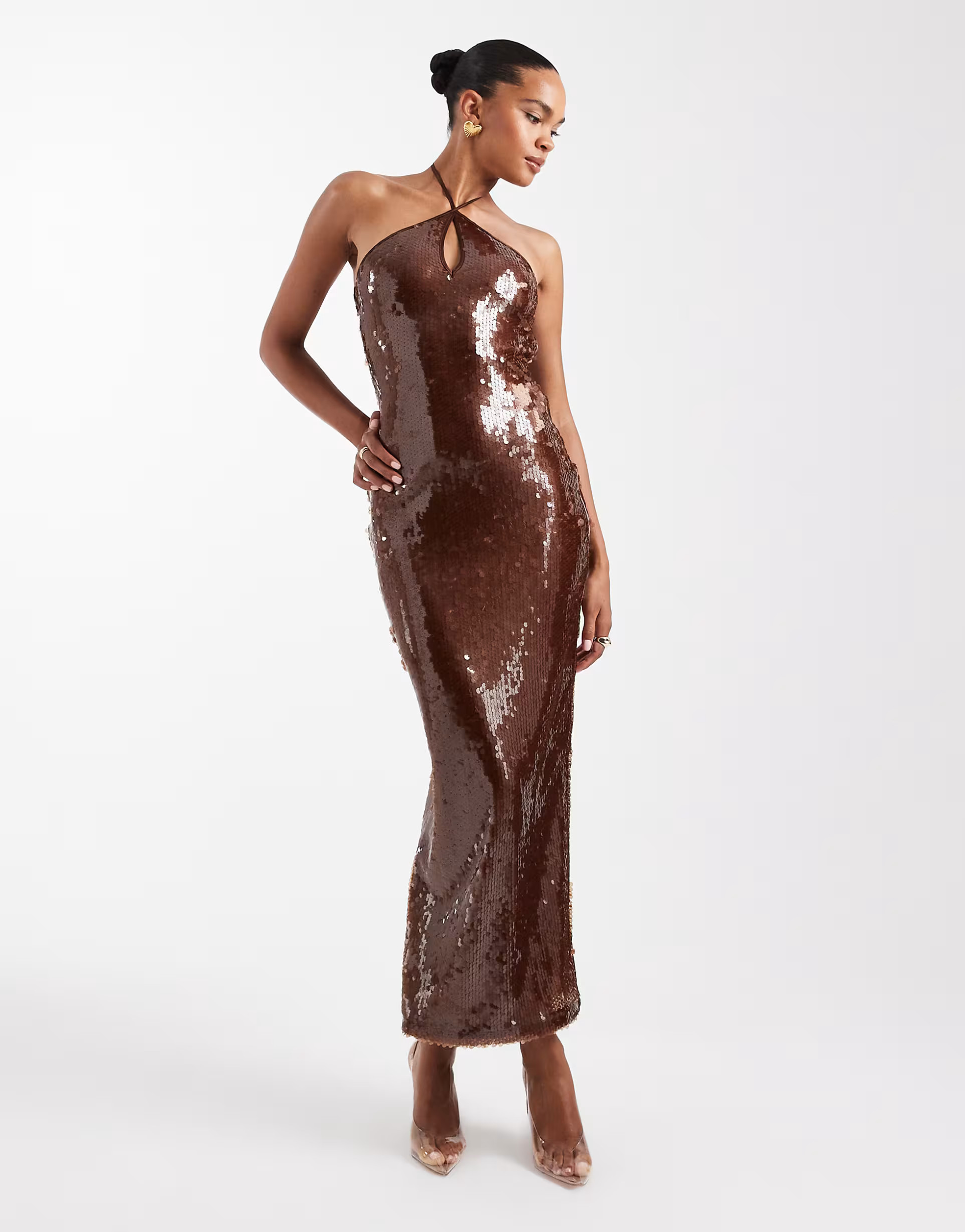 The Frolic exclusive sequin cross front halterneck maxi dress in bronze | ASOS | ASOS (Global)