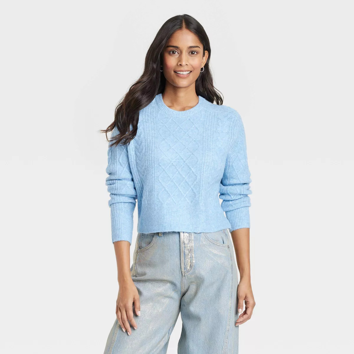 Women's Crewneck Cashmere-Like Cable Pullover Sweater - Universal Thread™ Blue M | Target