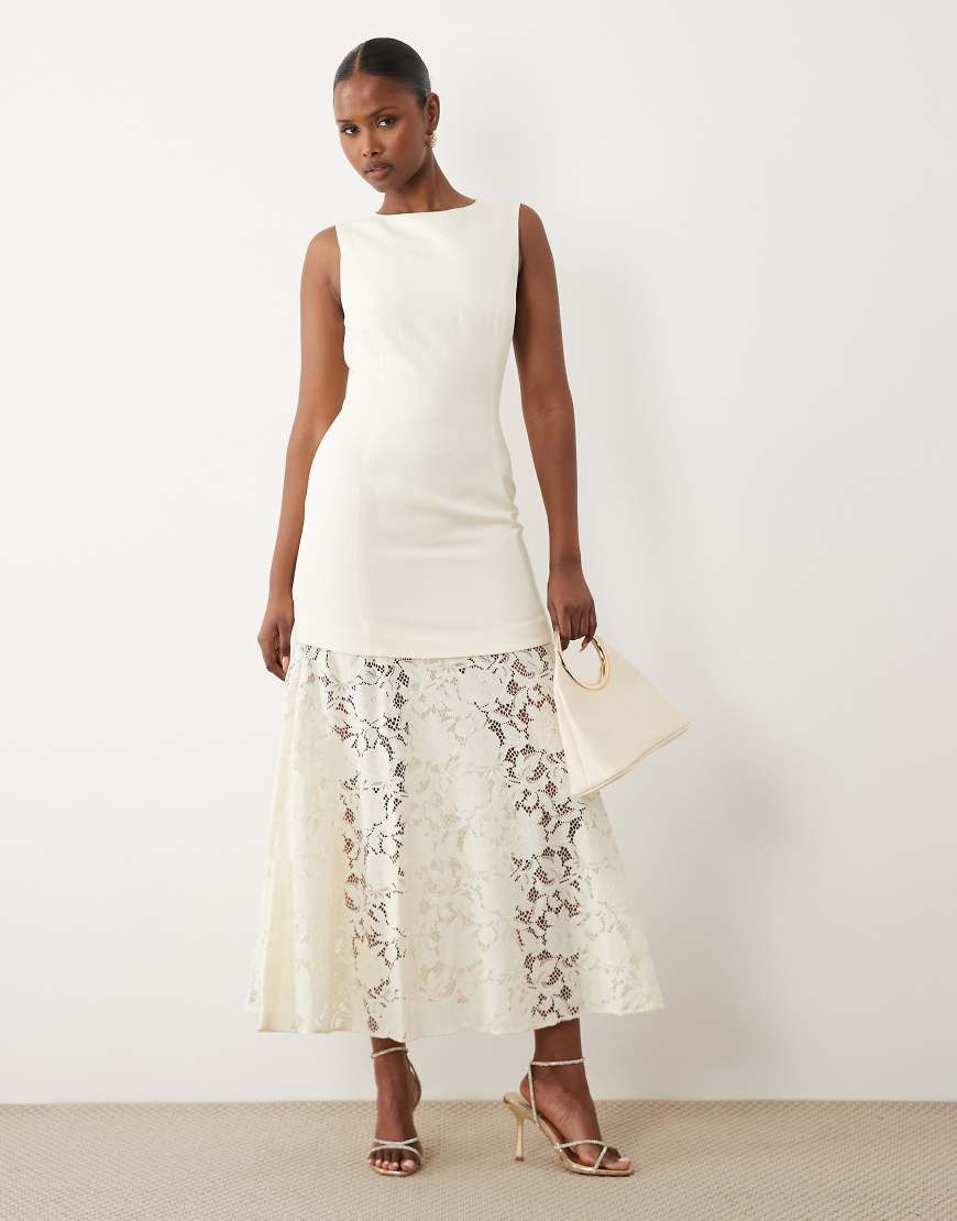 Forever New linen mix lace skirt midi dress in buttercream-Yellow | ASOS (Global)