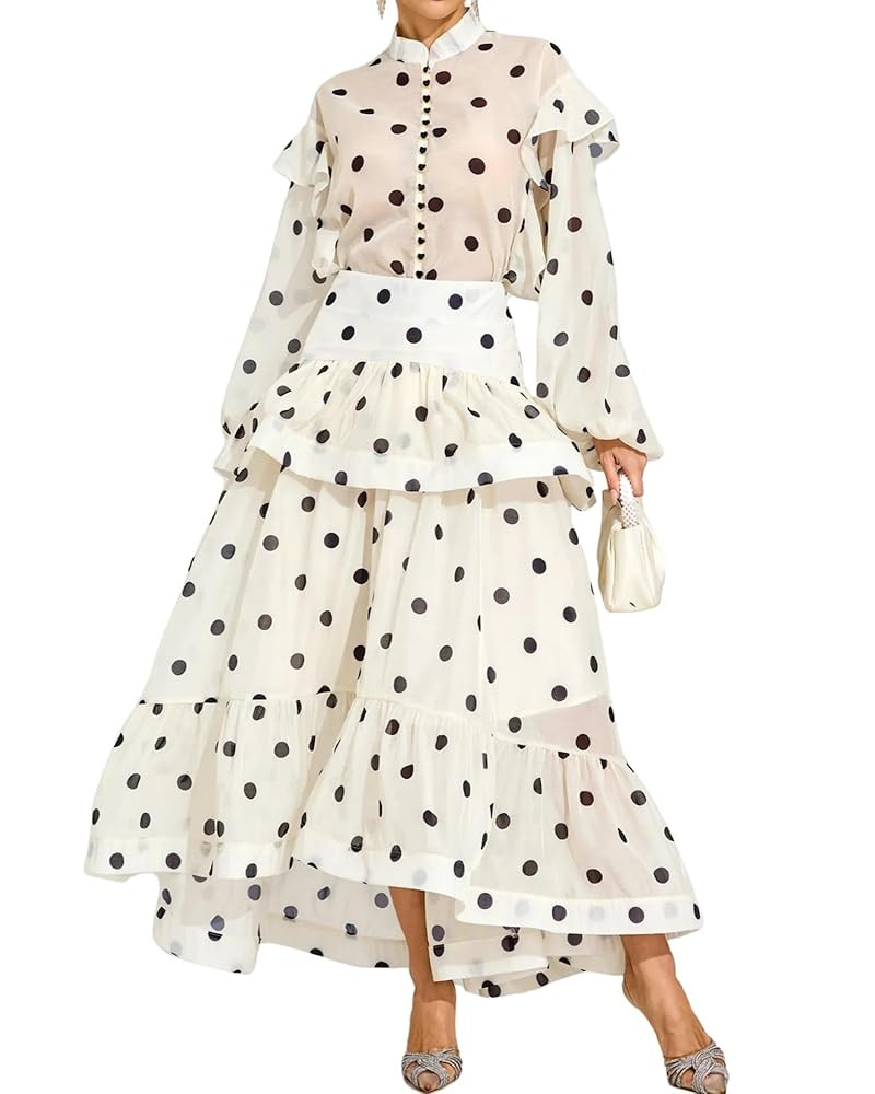 NIFTRIRY Two Piece Sets for Women Dressy Ruffle Long Sleeve Button Polka Dot Top High Waist Maxi ... | Amazon (US)