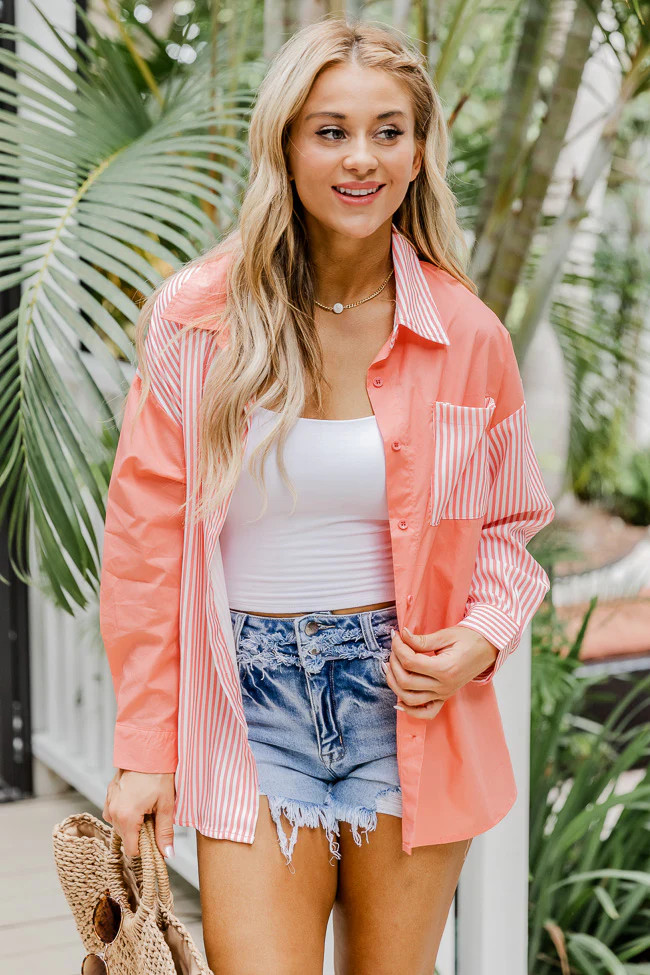 Get It Right Coral Striped Button Front Color Block Blouse | Pink Lily