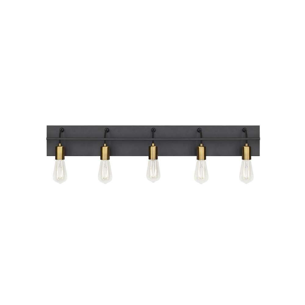Tae 36 in. W 5-Light Black Industrial Metal Bathroom Vanity Light with Aged Brass Socket Cups and... | The Home Depot