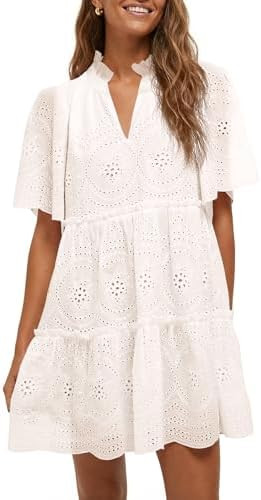 Wenrine Womens Summer Eyelet Dress Short Sleeve Babydoll V Neck Hollow Out Lace Ruffle Casual Bea... | Amazon (US)