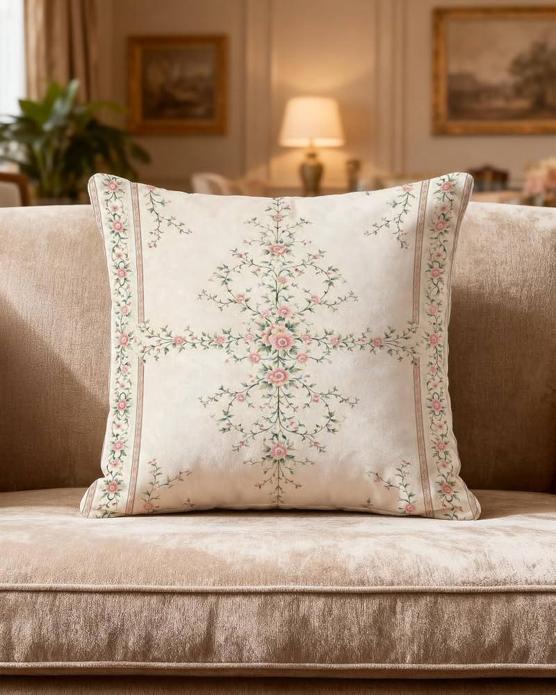 Throw Pillow Cover 18x18 Inch \u2013 Vintage Ornate Damask Medallion Pillow Case with Rose Bouque... | Amazon (US)