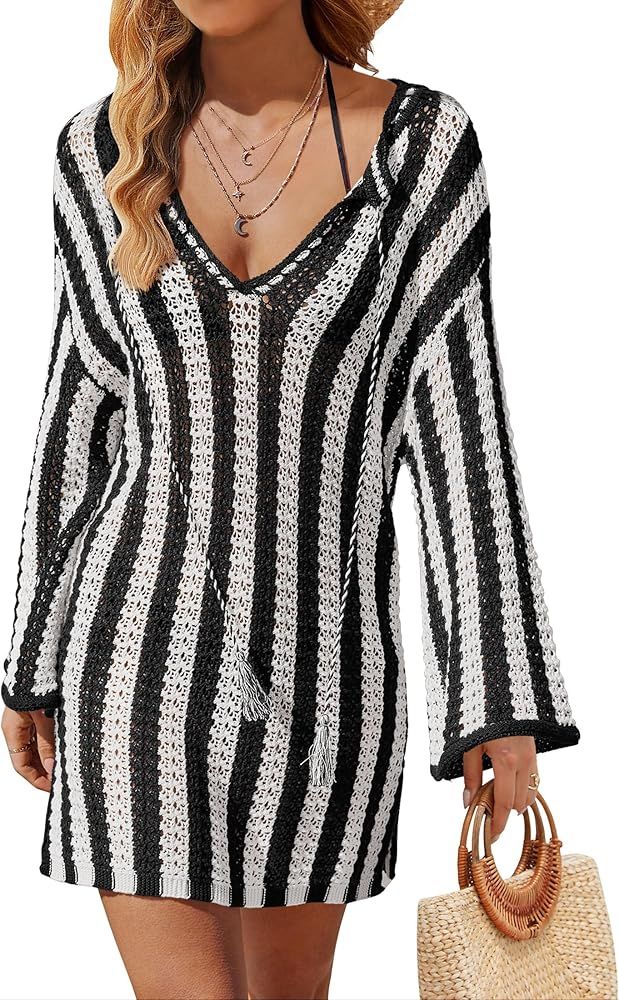 ZESICA Women's Summer Crochet Bathing Suit Cover Ups Striped Long Sleeve Swimsuits Mesh Knit Beac... | Amazon (US)