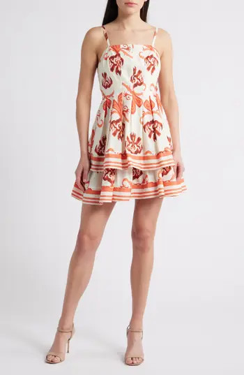 Adelyn Rae Isla Ikat Print Tiered Cotton Minidress in Coral at Nordstrom Rack, Size Large | Nordstrom Rack
