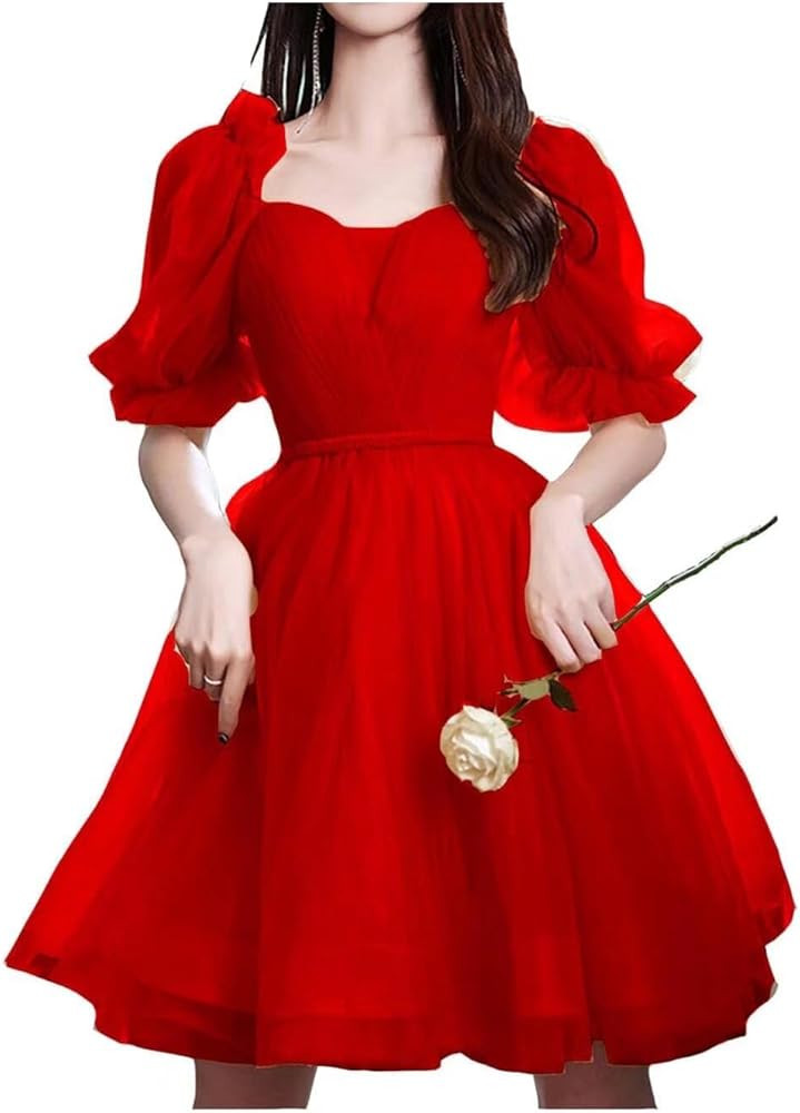 A Line Puffy Sleeves Homecoming Cocktail Dress for Women, Ruffled Short Tulle Party Dress Off Sho... | Amazon (US)