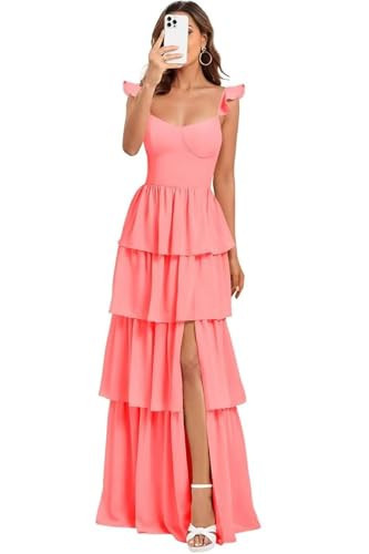 IMCACTOR Coral Tiered Ruffles Bridesmaid Dresses for Women Long Spaghetti Straps Chiffon Layered A Line Formal Dresses with Slit US00 | Amazon (US)
