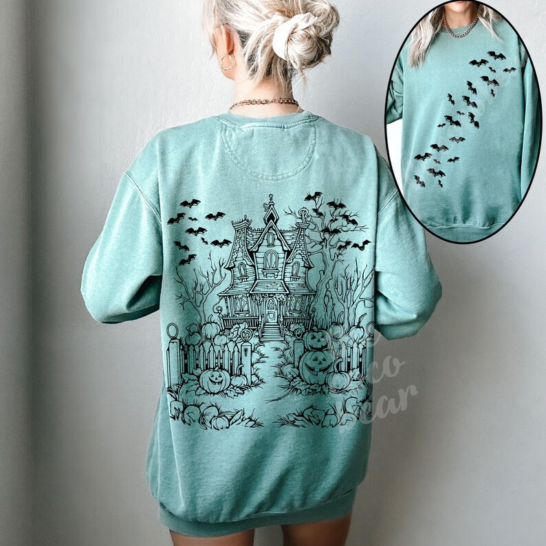 Haunted House Comfort Colors Halloween Sweatshirt Halloween Party Bats Crewneck Spooky Season Pul... | Etsy (US)