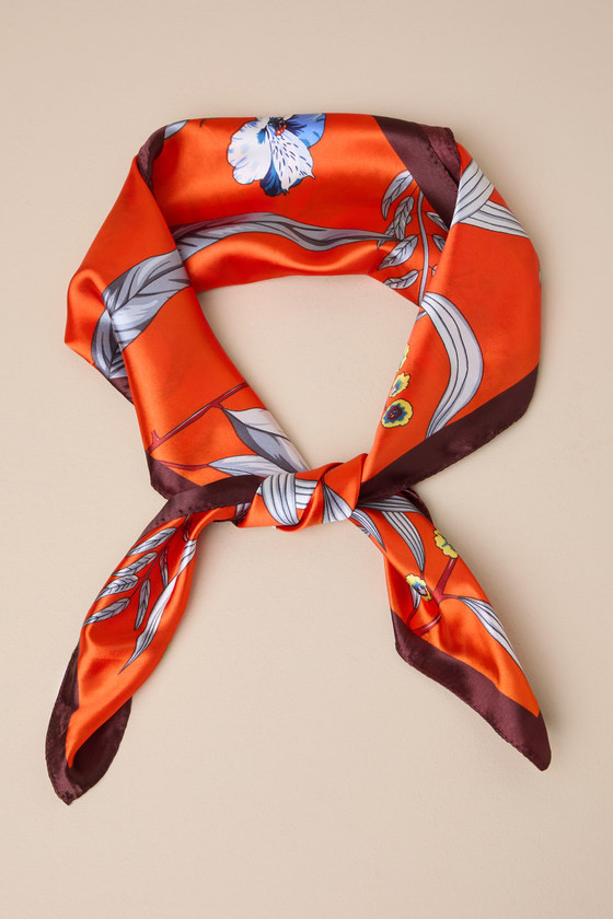 Upscale Design Orange Floral Print Satin Square Scarf | Lulus