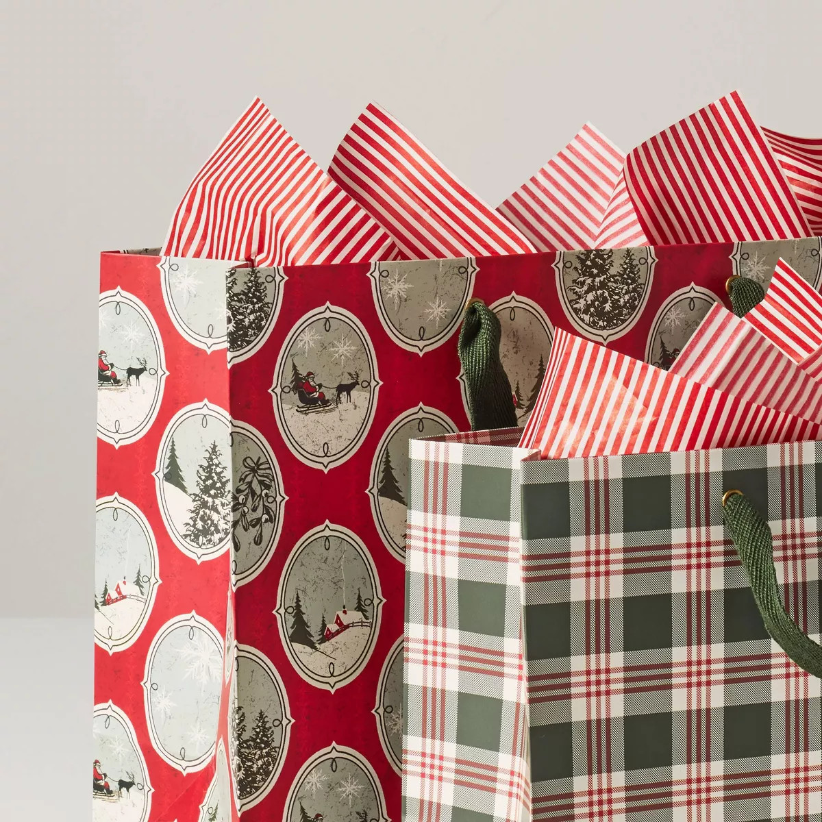 Set of 2 Green Plaid and Icon Gift Bag Set with Tissue Paper - Hearth & Hand\u2122 with Magnolia : Target | Target