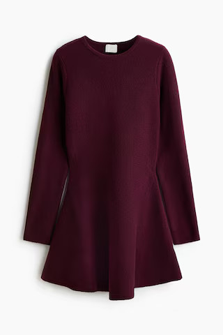 H & M - Rib-knit flared-skirt dress - Burgundy | H&M (UK, MY, IN, SG, PH, TW, HK)