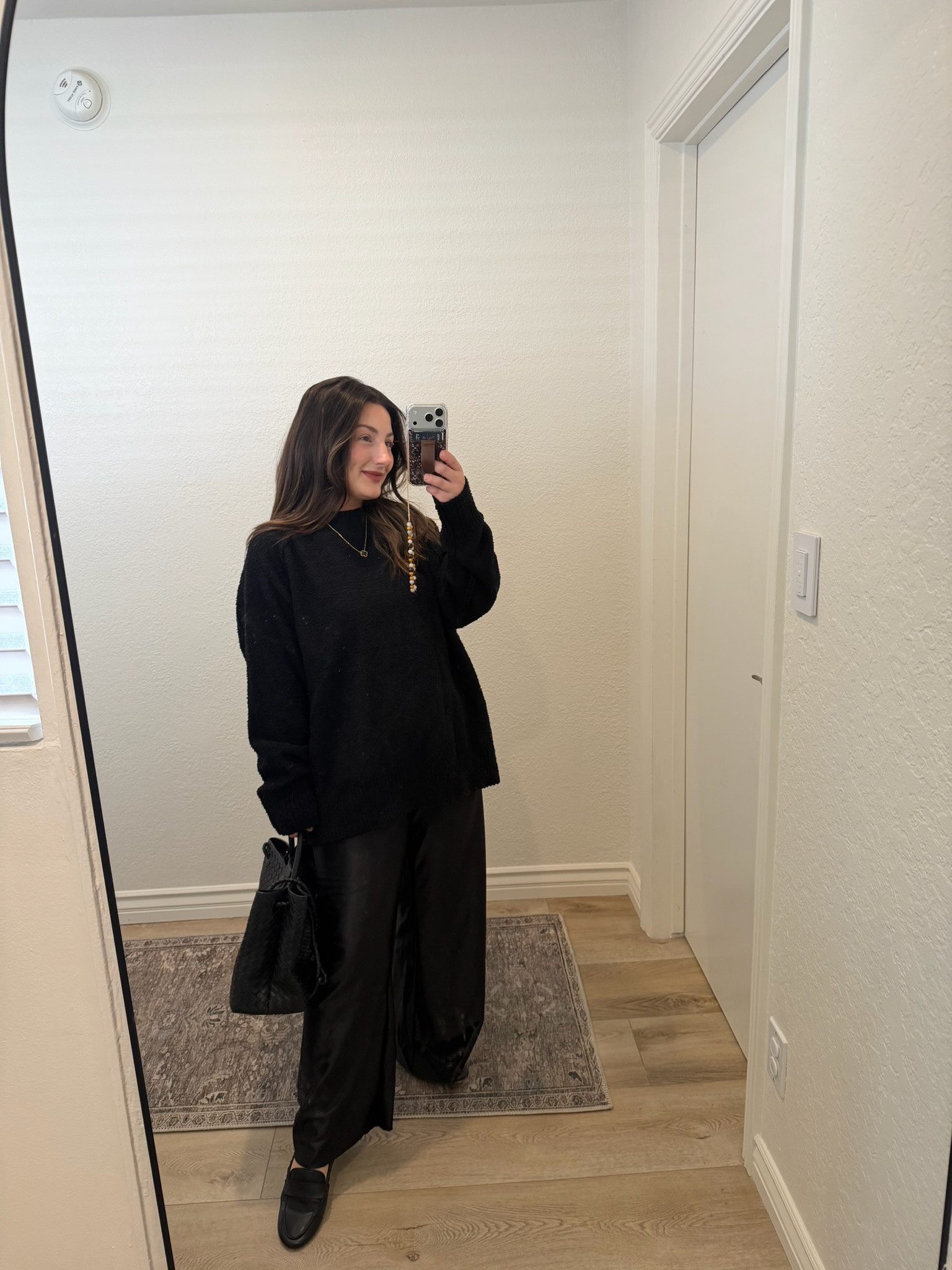 Cozy sweater size medium (I sized up for longer fit) 
Satin pants size small (These have a raw hem so I cut them!) 

5'0" 140lbs 

#LTKPetite #LTKootd #LTKFindsUnder50