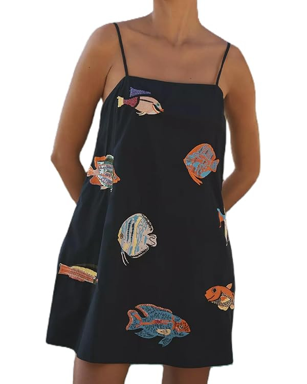 ROAONOCOMO Women Boho Graffiti Cami Mini Dress Spaghetti Strap Printed A Line Short Dress Cute Co... | Amazon (US)