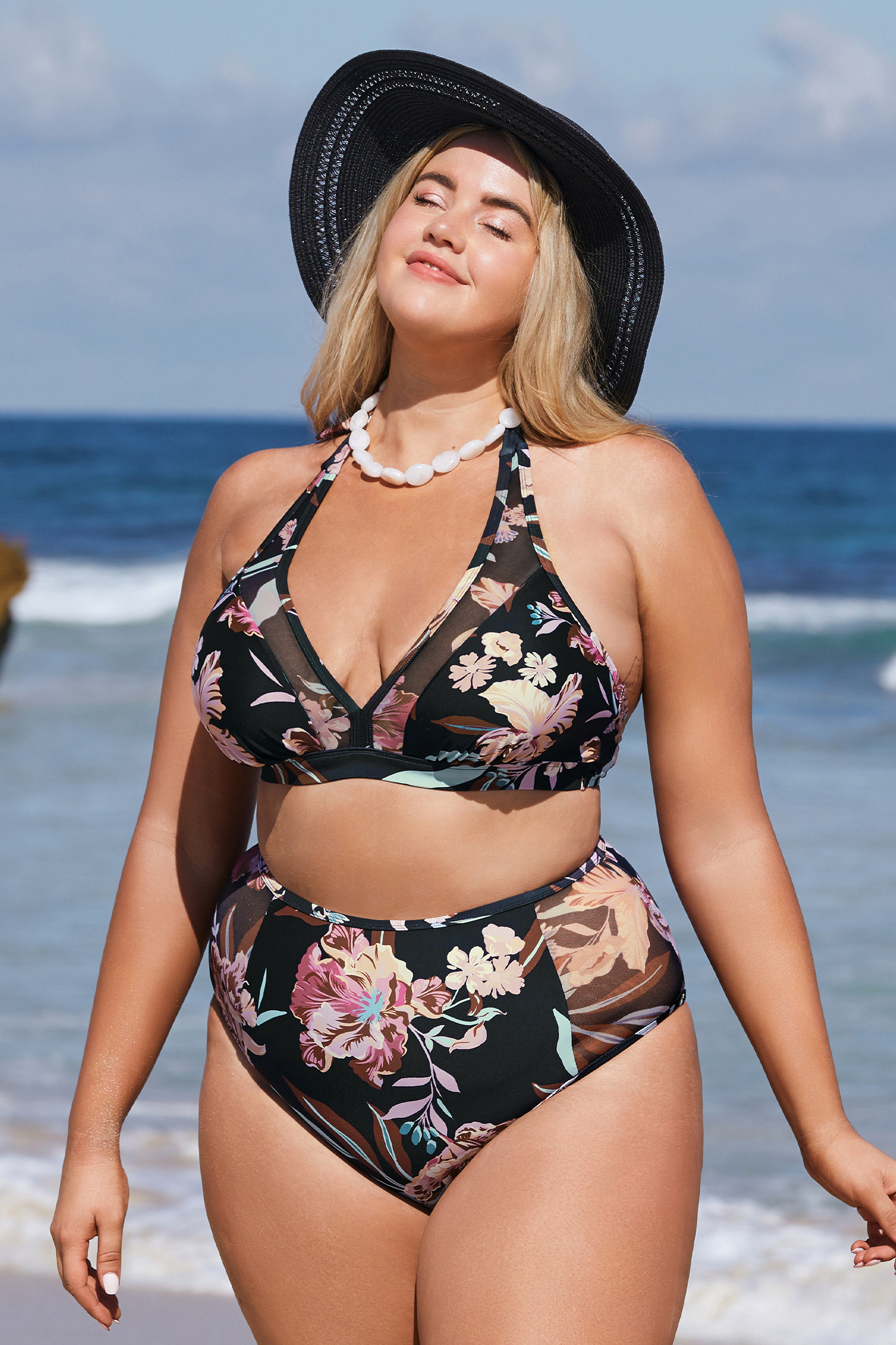 Hot Tropics Black Mesh Halter Top & High Waist Plus Size Bikini Set | Cupshe US